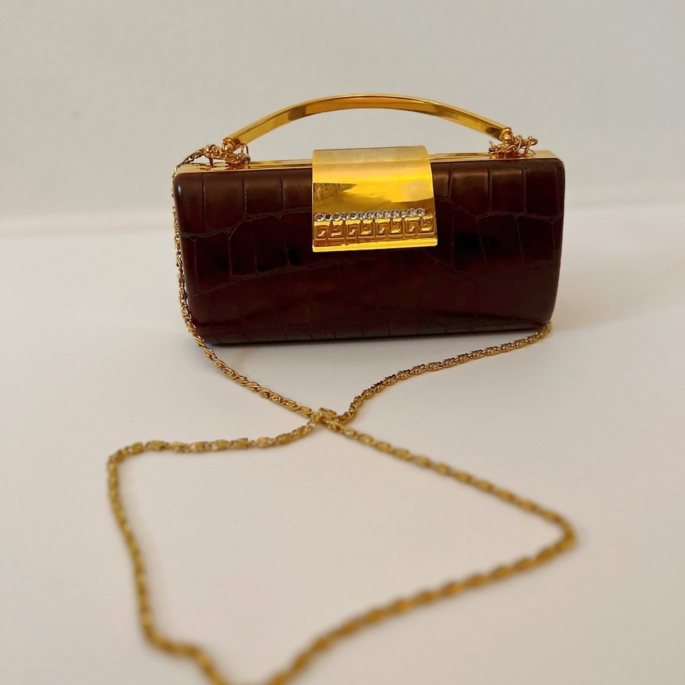 CLEARANCE ✨ Vintage Brown & Gold Clutch with Diamond Detail - Picture 3 of 13